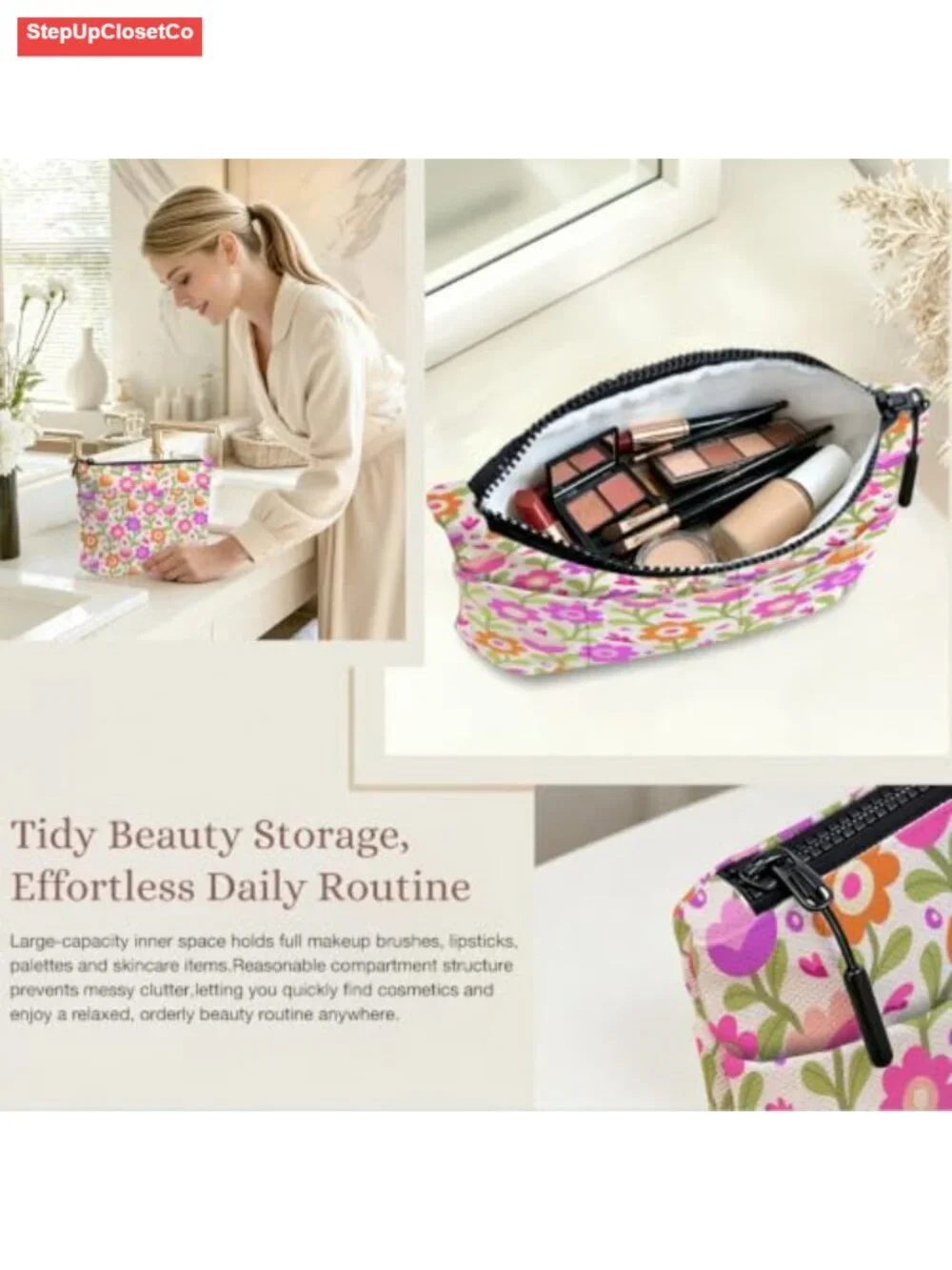 Vintage Floral Makeup Bag with External Pockets, Portable Travel Toiletry